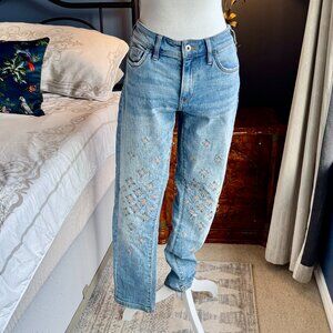 Pilcro Anthropologie Slim Boyfriend Light Wash Gold Embroidered Jeans
